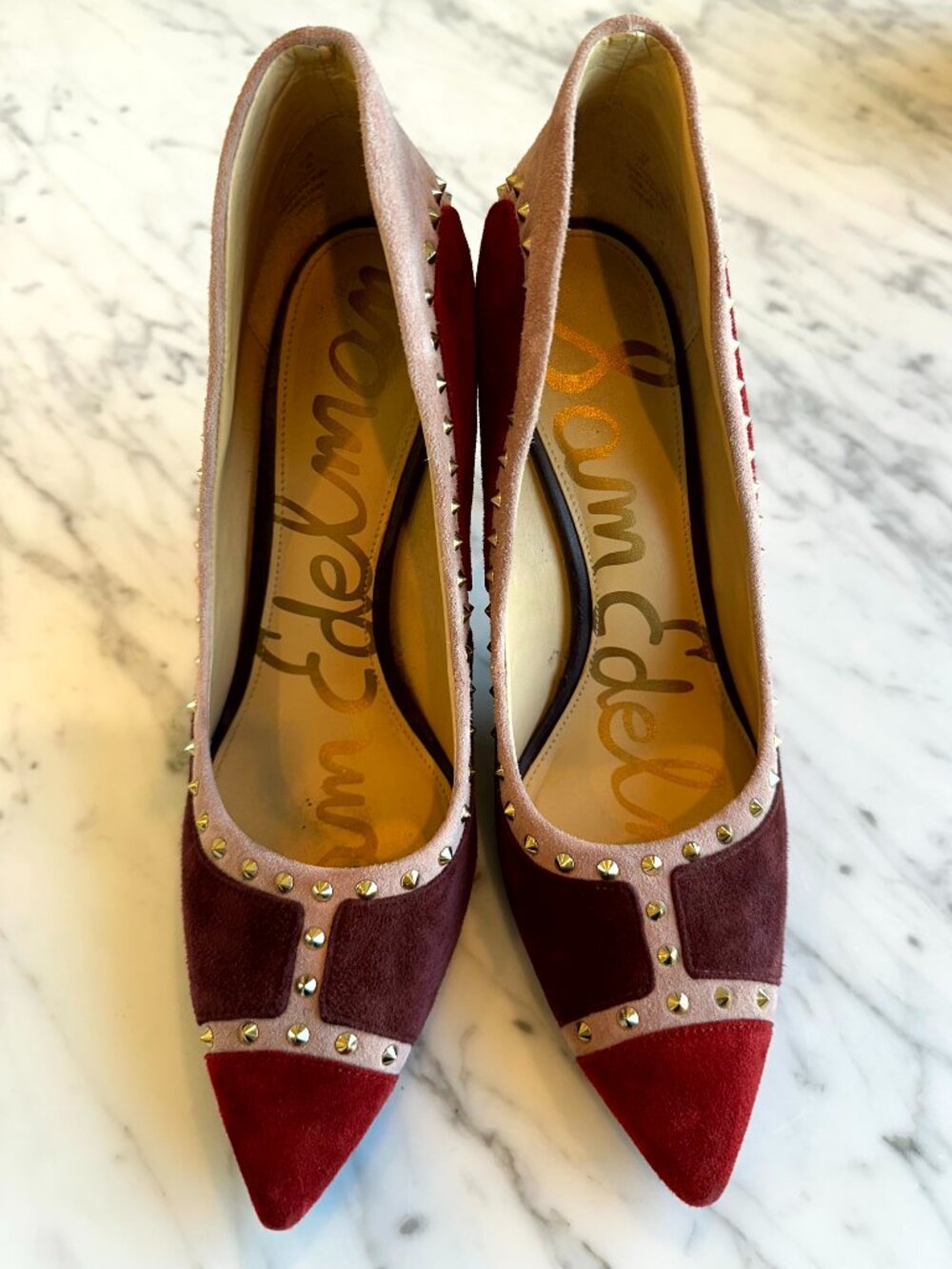 Sam Edelman - Burgundy & Pink - Velvet Stilettos with Gold Studs - Size 8.5